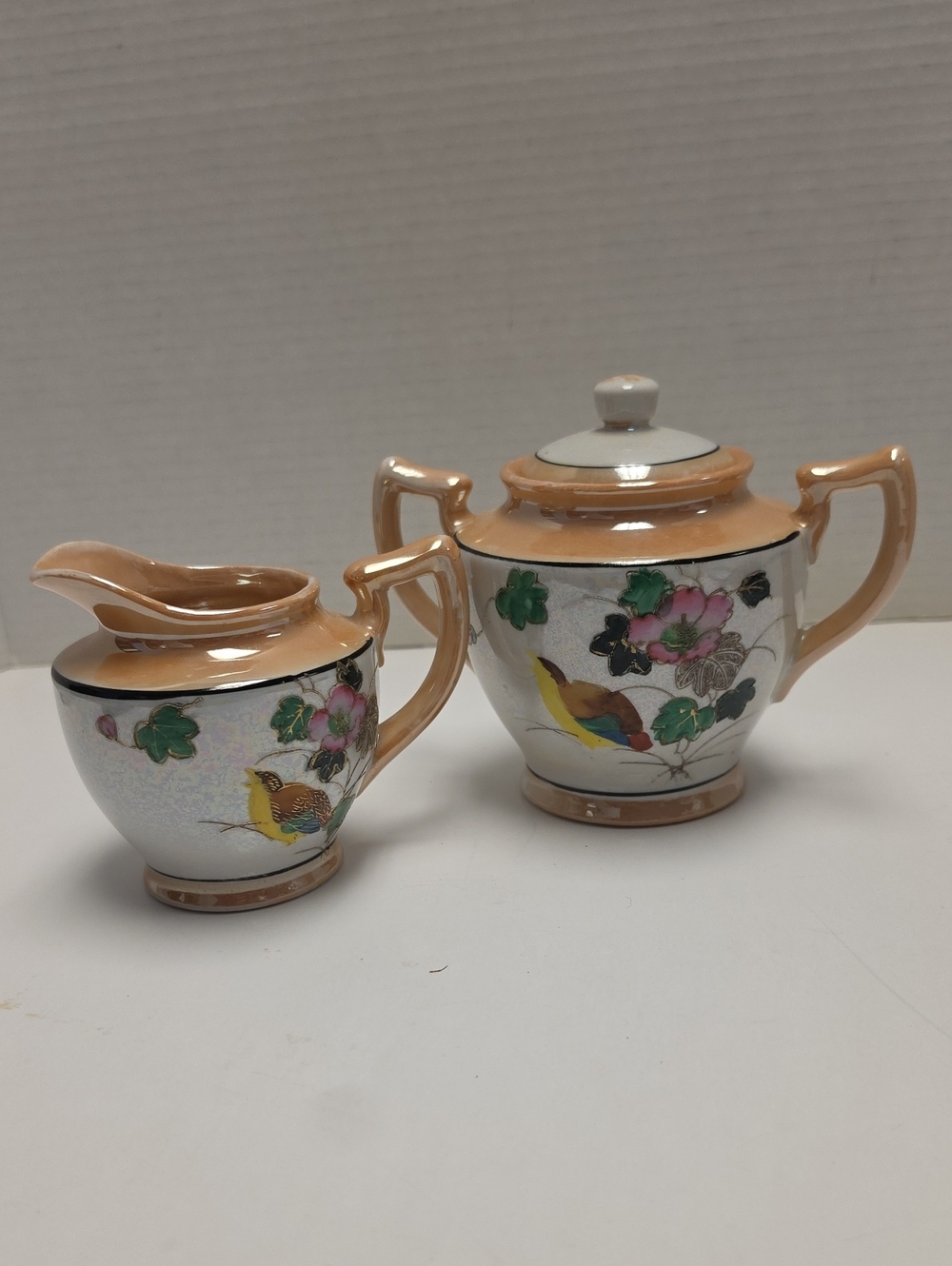 Vintage Floral Bird Creamer and Sugar Set - Peach and Multicolor